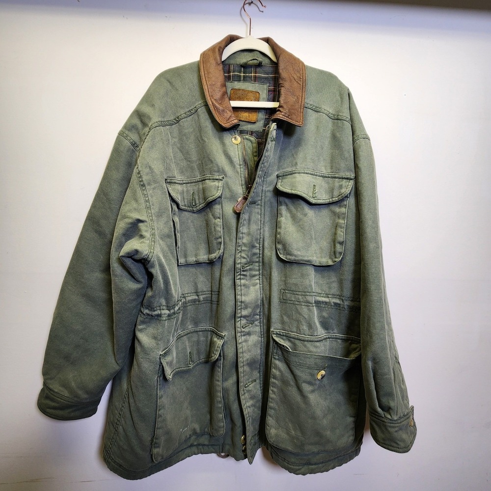 Vtg G.H. Bass & Co Barn Chore Coat XL Leather Collar Plaid Quilted Lining Men's